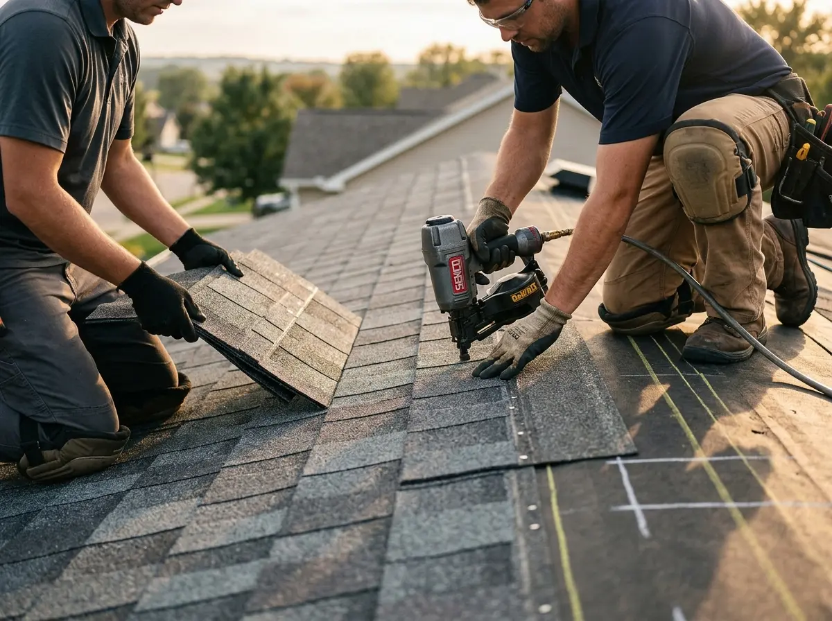 Professional roofer working on a residential roof in Mebane